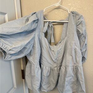 ARULA Blue Puff Sleeve Tie Front Blouse